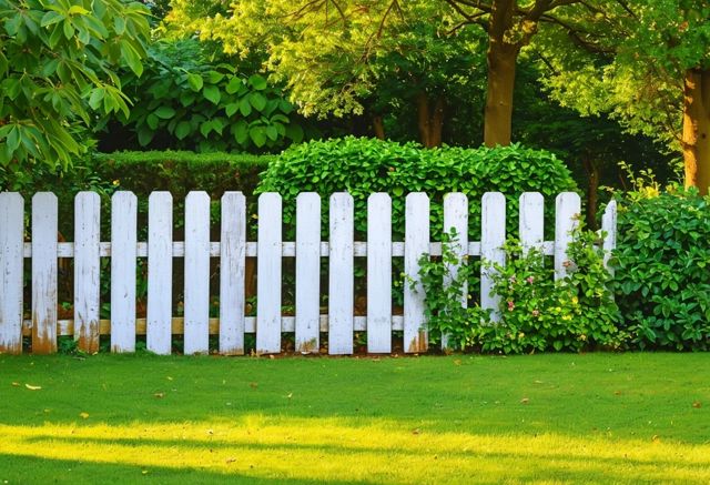 Wooden picket fence in garden