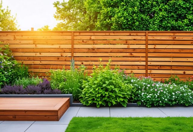 Horizontal wood fence in garden