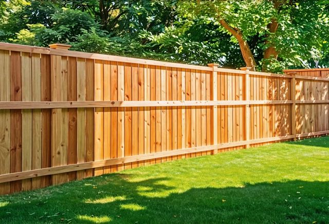 A sturdy cedar fence surrounding a lush green backyard, with warm sunlight casting gentle shadows on the wooden boards