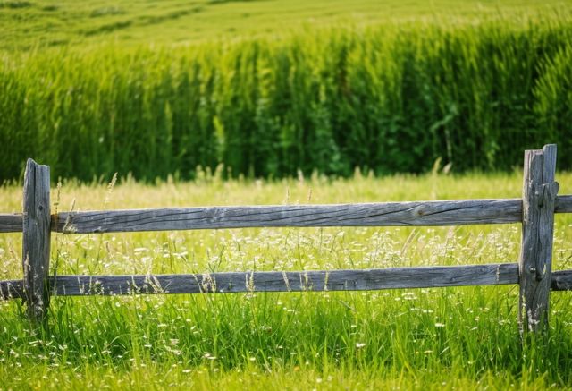 Rustic wooden fence in meadow