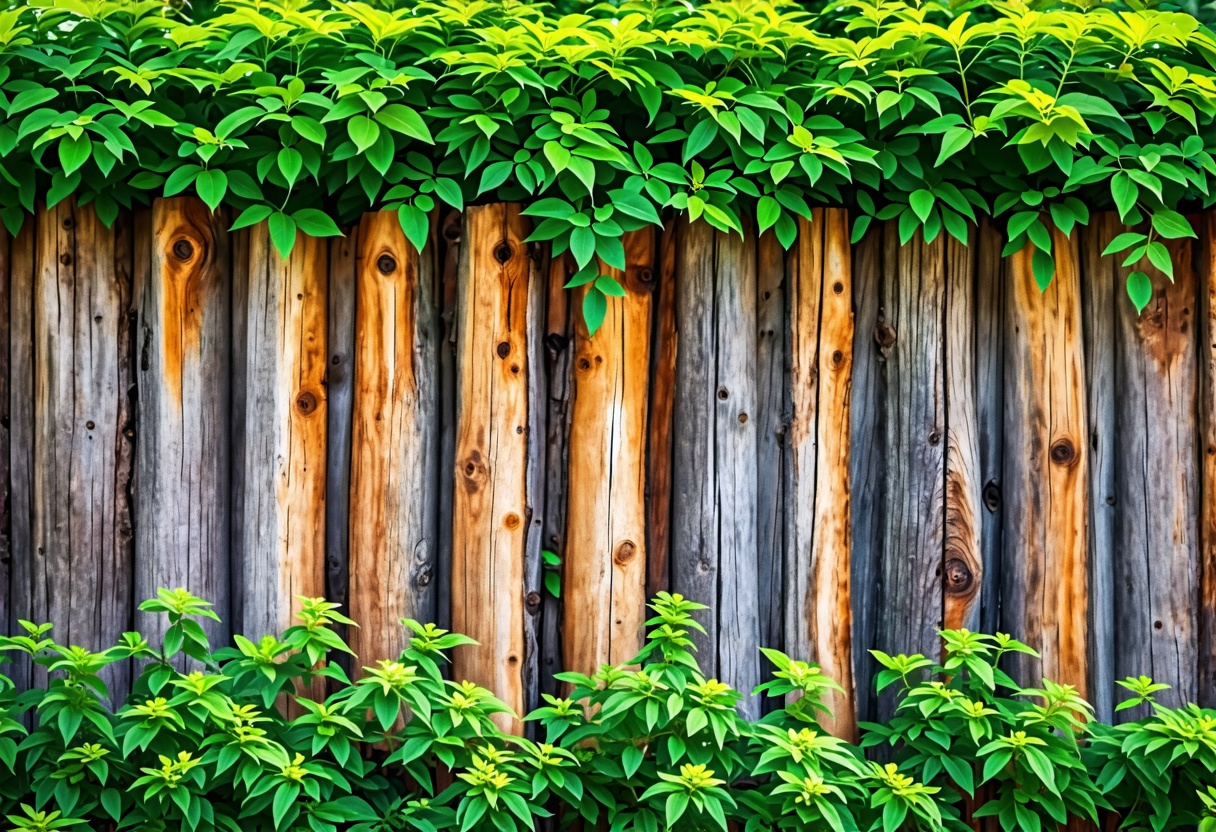 Wooden fence logs in front of green foliage