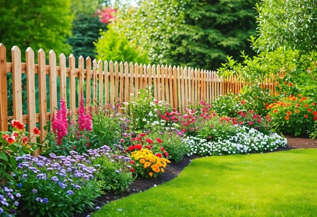 Wooden fence beside vibrant garden