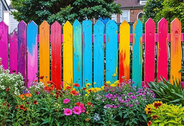 Colorful fence painting in garden