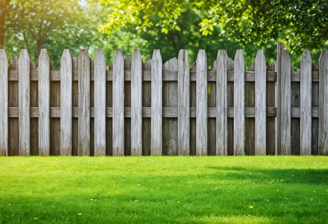 Wooden fence along green lawn