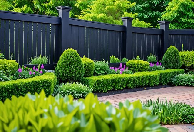 Elegant black wood fence with lush garden