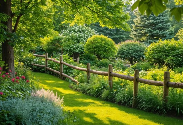 Wooden fences in a lush garden