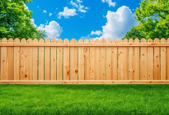 Wooden garden fence under blue sky