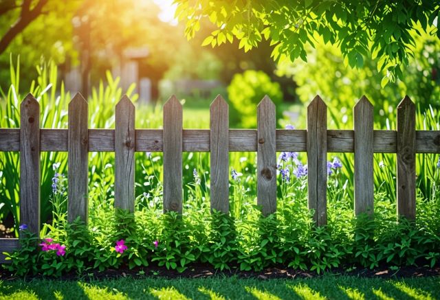 Wooden fence in lush garden