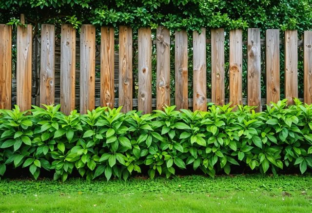 Wooden fence with lush greenery