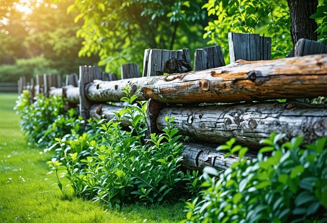 Wooden log fence surrounded by greenery