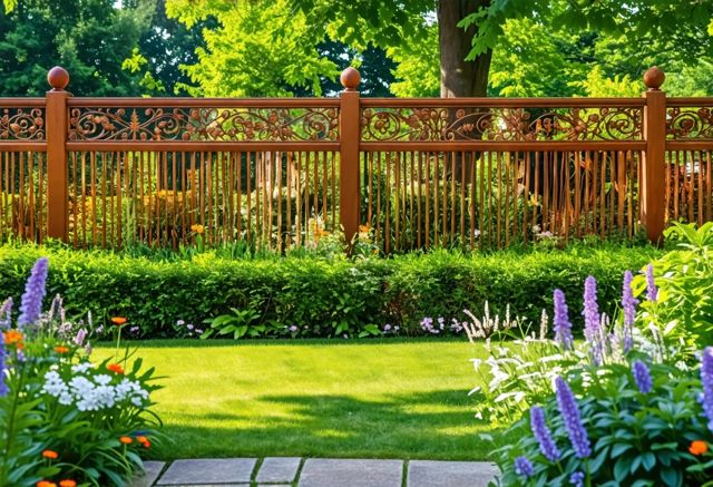 Ornate wooden fence in garden