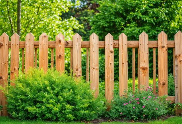 Rustic pine fence in garden