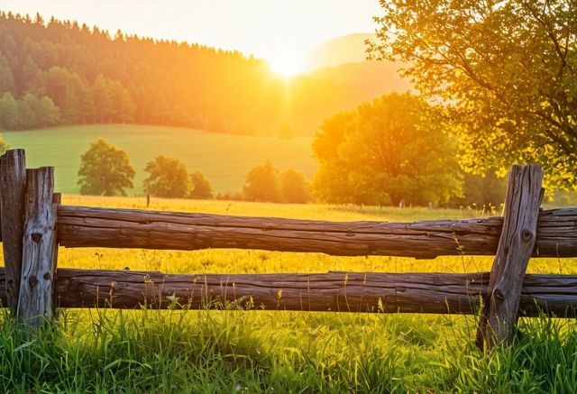 Rustic wood fence in sunny landscape