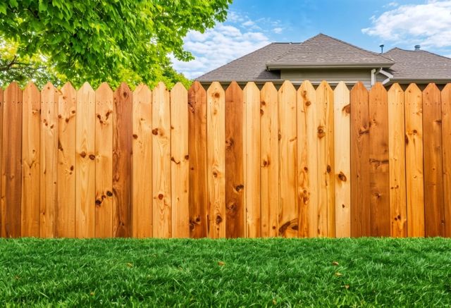 Staining wooden fence in backyard