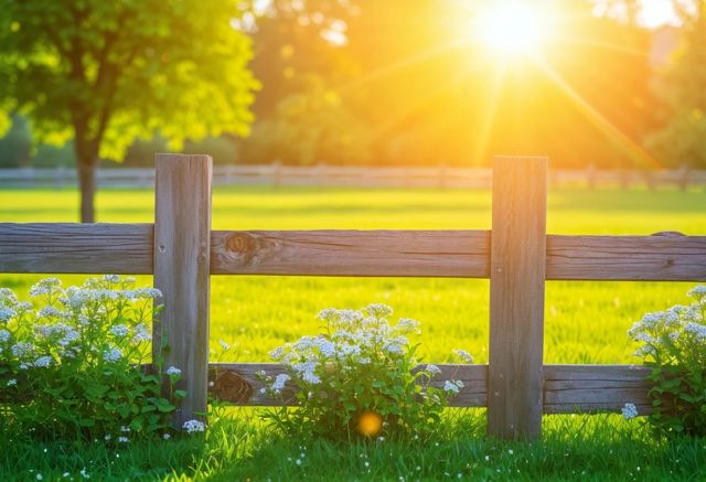 wooden fence in sunny garden