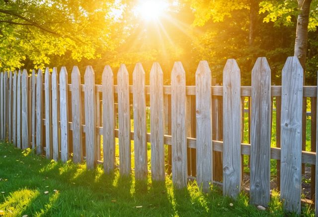 Wooden picket fence in sunlight