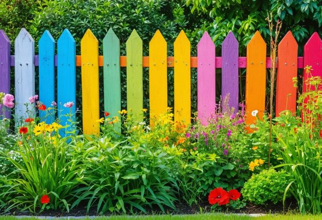 Colorful fence in lush garden