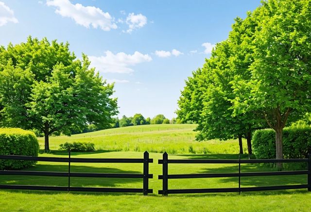 Two fences in a garden with trees