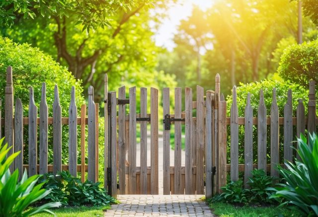 Wood fence gate in peaceful garden