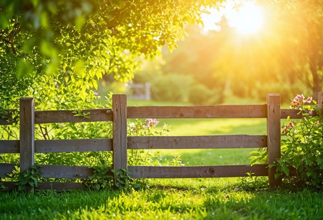 Wooden fence in sunny garden