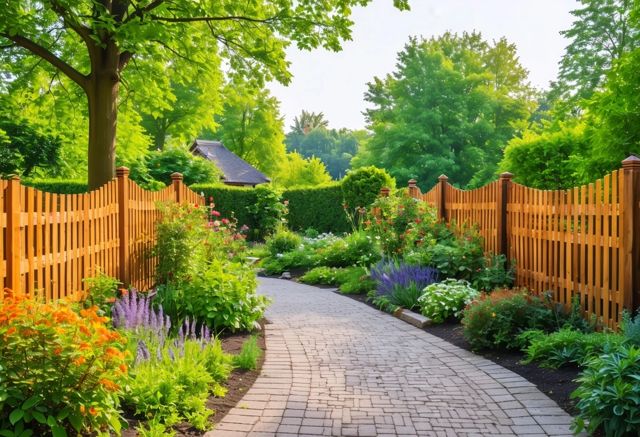 Various wooden fences in a serene garden