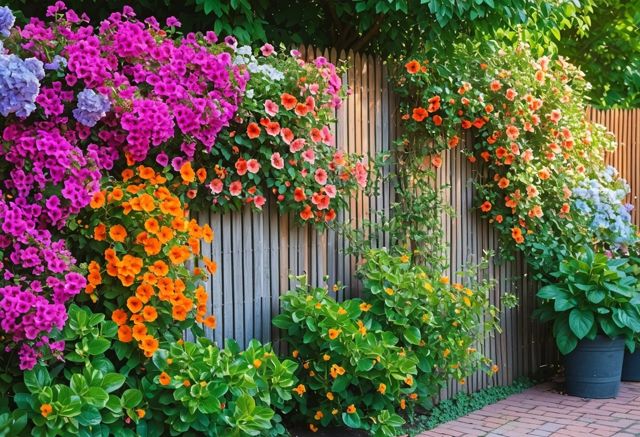 Beautiful garden fence with colorful climbing plants