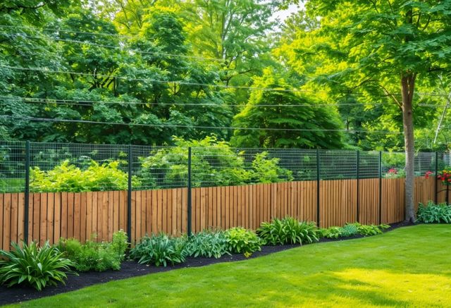 Wood and wire fence in a lush green backyard