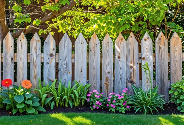 Wooden picket fence in a garden