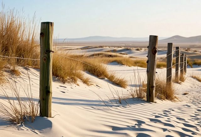 Wooden fence posts in sandy landscape