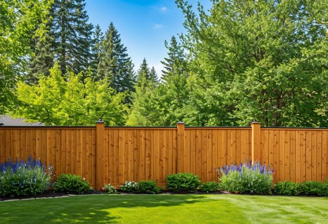 Wooden fence panels in scenic backyard