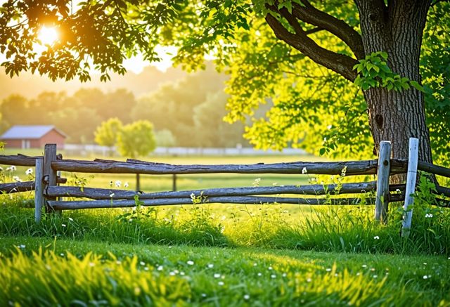 Wood split rail fence in a serene countryside