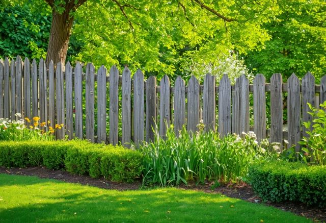 Wooden fence in lush green garden