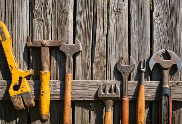 Hand tools and wooden fence under clear sky