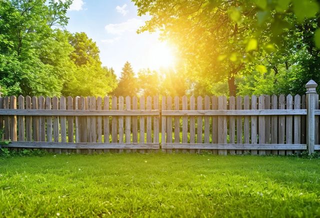 Wooden stockade fence sunny garden