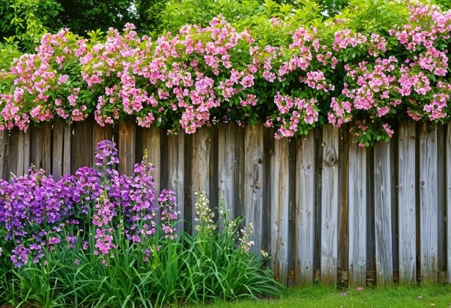 Wooden fence alongside blooming flowers