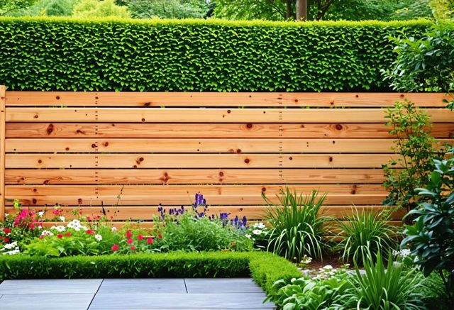 Horizontal cedar fence in a garden