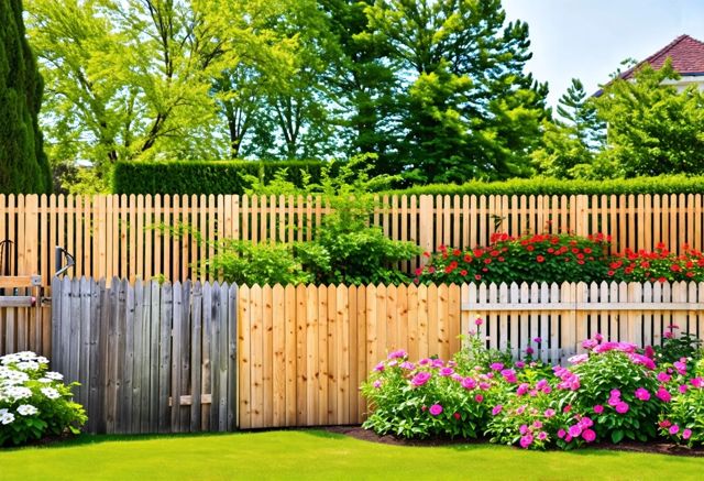 A variety of beautifully designed wooden fences in a sunny backyard, surrounded by green grass and blooming flowers, showcasing different styles and textures