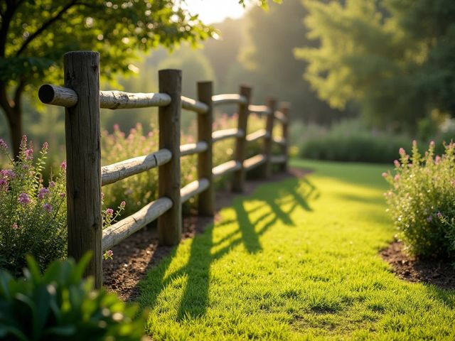 A serene garden scene with well-set wooden fence posts, lush green grass, and blooming flowers, sunlight filtering through the trees, creating a peaceful atmosphere