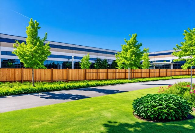 Lush office park surrounded by elegant wood fences, with vibrant greenery and a clear blue sky, showcasing a serene and inviting atmosphere