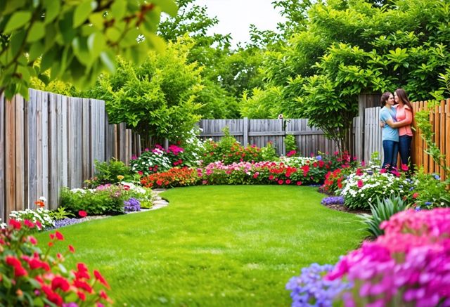 A serene backyard scene featuring various styles of wooden fences, lush green grass, and colorful flowers, with a smiling couple admiring the view in the background