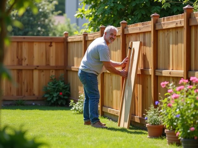 A well-maintained wooden fence in a sunny backyard, with a smiling person fixing a loose board, surrounded by green grass and blooming flowers