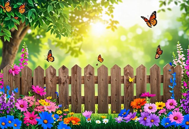 A beautiful wooden fence surrounded by a lush garden, with colorful flowers and butterflies fluttering around, creating a serene and inviting atmosphere