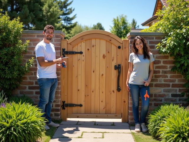 A beautifully installed wooden gate surrounded by a well-maintained garden, with a pair of smiling individuals working together, tools in hand, enjoying the process under a clear blue sky.