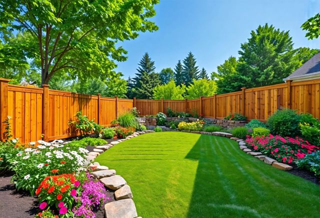 A serene backyard featuring various wood fence designs, surrounded by lush greenery and colorful flowers, with a bright blue sky above