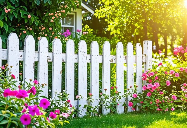 A beautifully white-washed wooden fence in a sunny garden, with vibrant flowers blooming around it