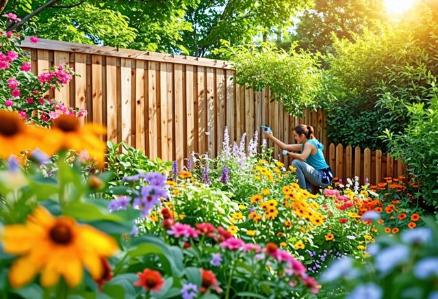 A well-maintained wooden fence surrounded by vibrant flowers and greenery, with a person happily painting the fence in a sunny backyard