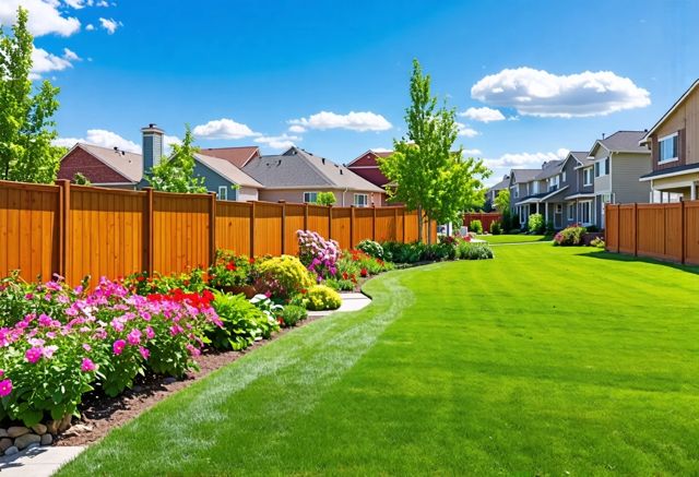 A suburban neighborhood with various types of wood fences, lush green lawns, and blooming flowers on a sunny day