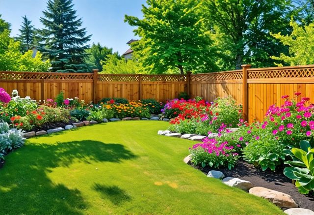 A beautiful garden with various styles of durable wood fences, surrounded by vibrant flowers and greenery, with a clear blue sky above