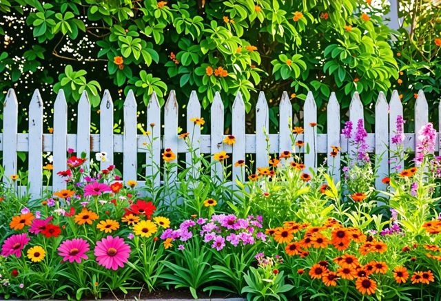 A charming wooden picket fence running alongside a lush green garden with vibrant flowers