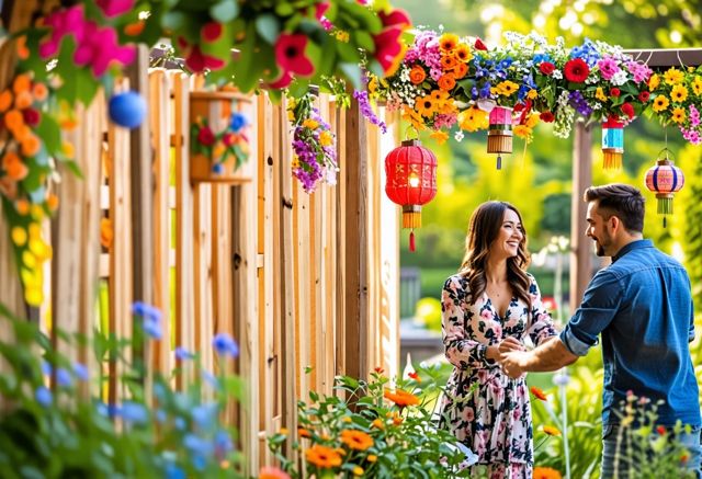 A beautifully decorated wooden fence adorned with colorful flowers and hanging lanterns, surrounded by a lush green garden, with a couple smiling while arranging decorations.